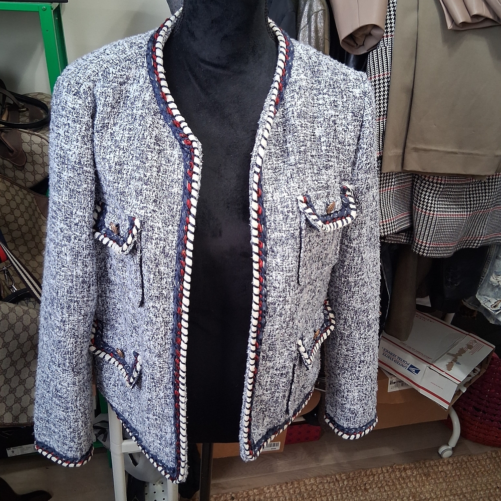 Zara Women's Blue Tweed Blazer with Braided Trim